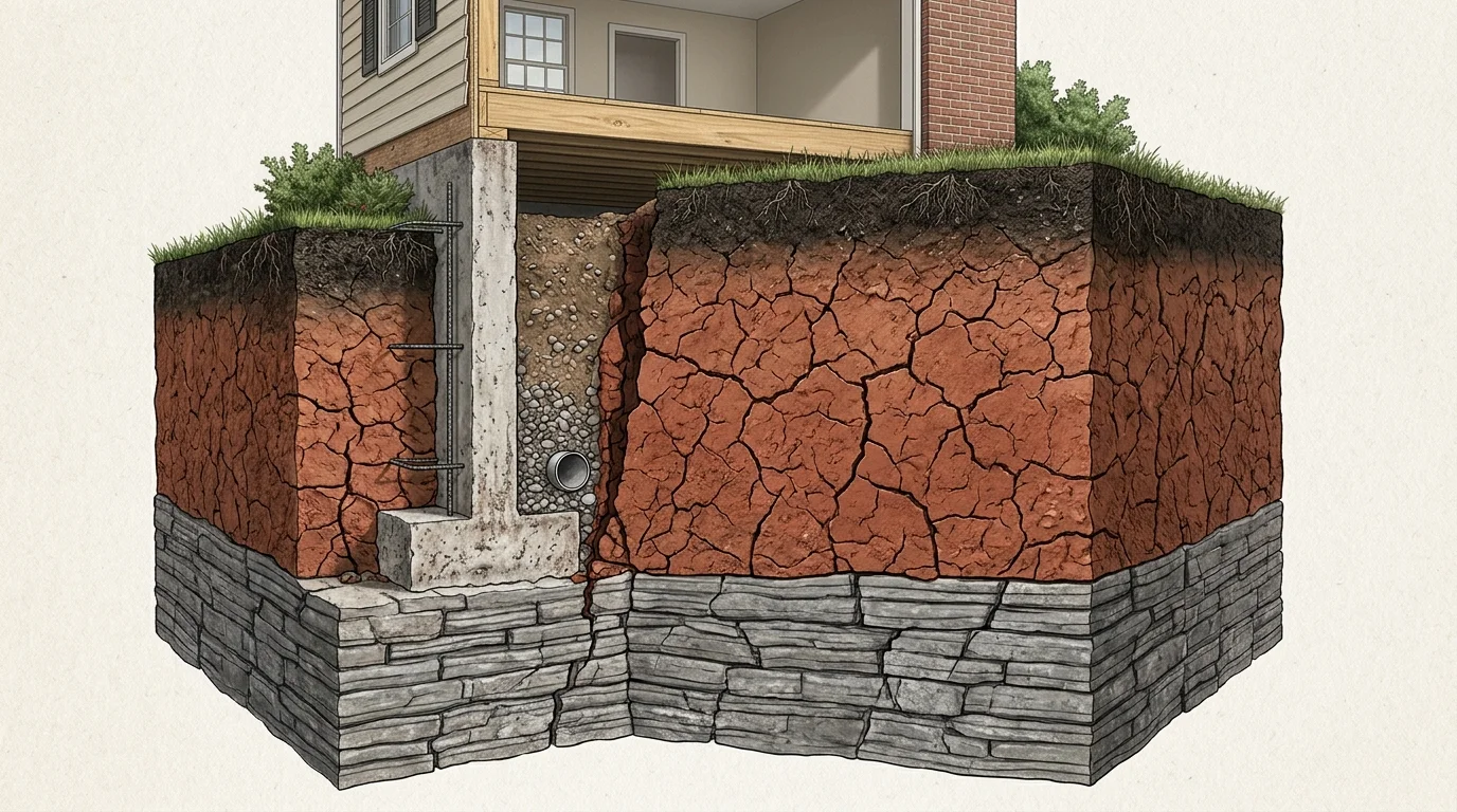 Geological cross-section showing dry cracked red smectite clay shrinking away from concrete foundation footing over limestone bedrock in Middle Tennessee