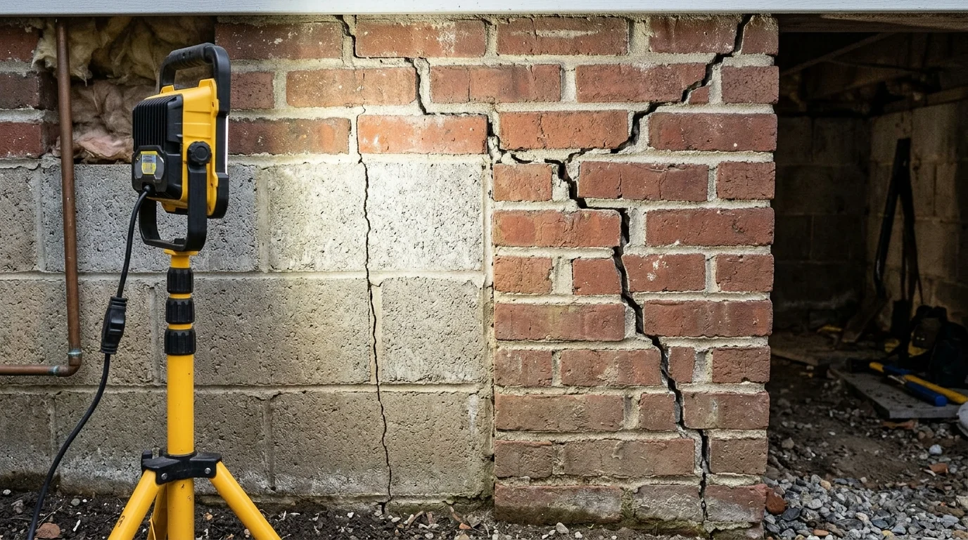 Inspection work light illuminating residential concrete block and brick foundation wall with vertical and diagonal stair-step settlement cracks