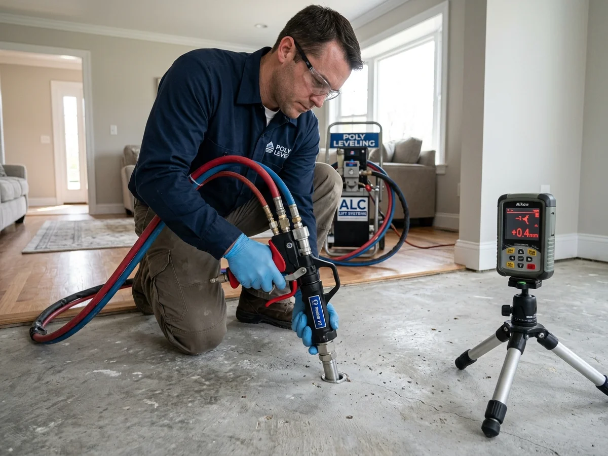 Technician injecting high-density expanding structural polyurethane foam through penny-sized hole to lift sunken residential concrete driveway slab