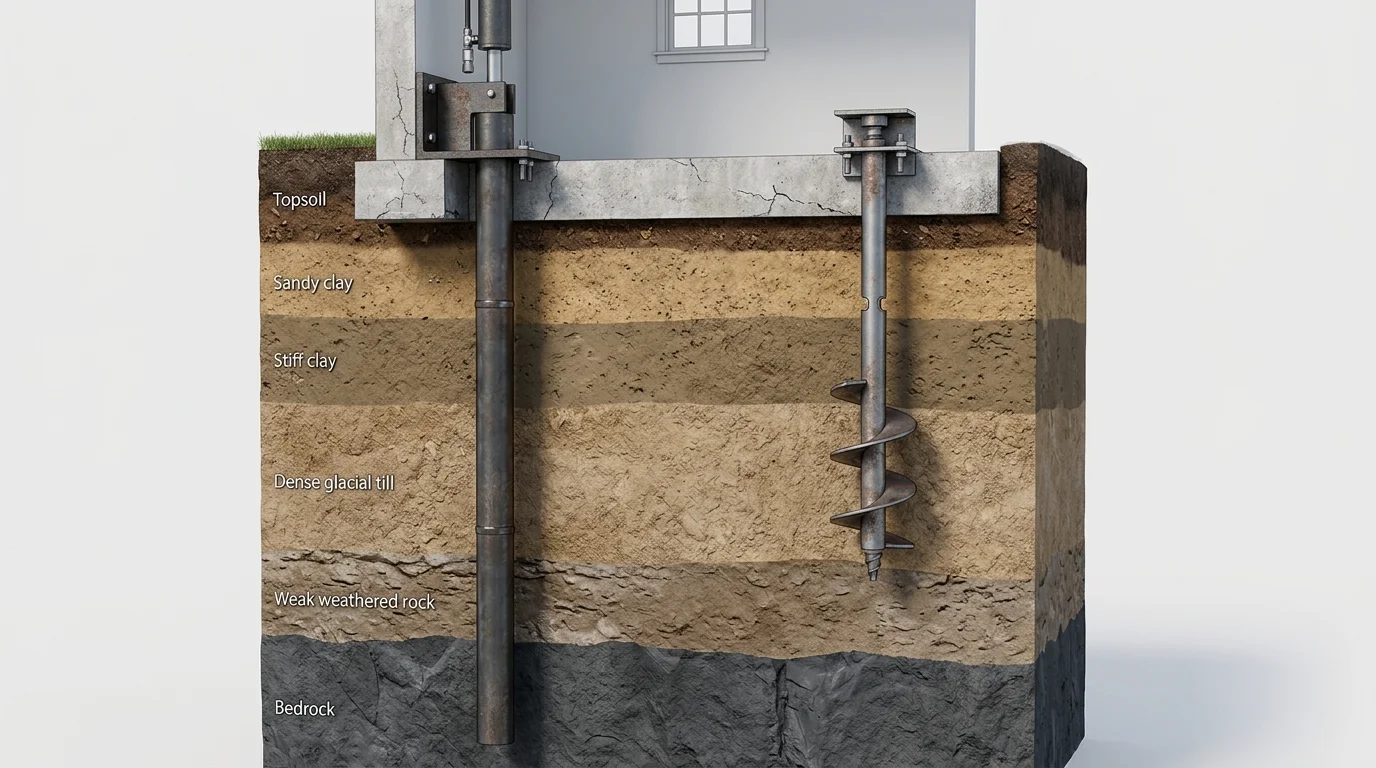 Technical engineering cutaway comparing a heavy-duty hydraulic steel push pier driven to solid bedrock on the left with a helical torque screw pier anchored in dense soil strata on the right
