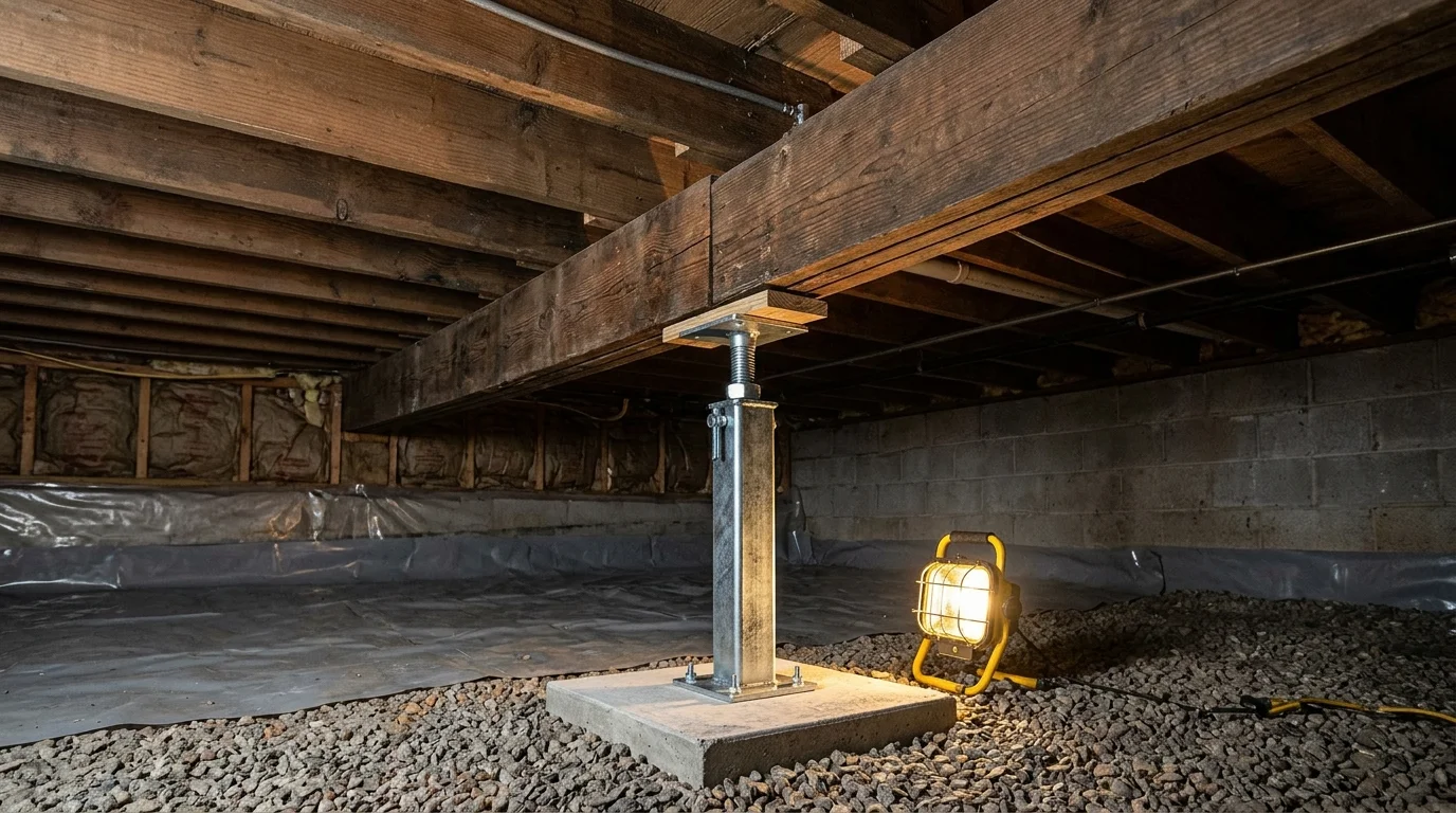 Crawl space interior with heavy-duty adjustable steel screw jack column installed on concrete footing pad leveling a sagging wooden carrying girder under floor joists