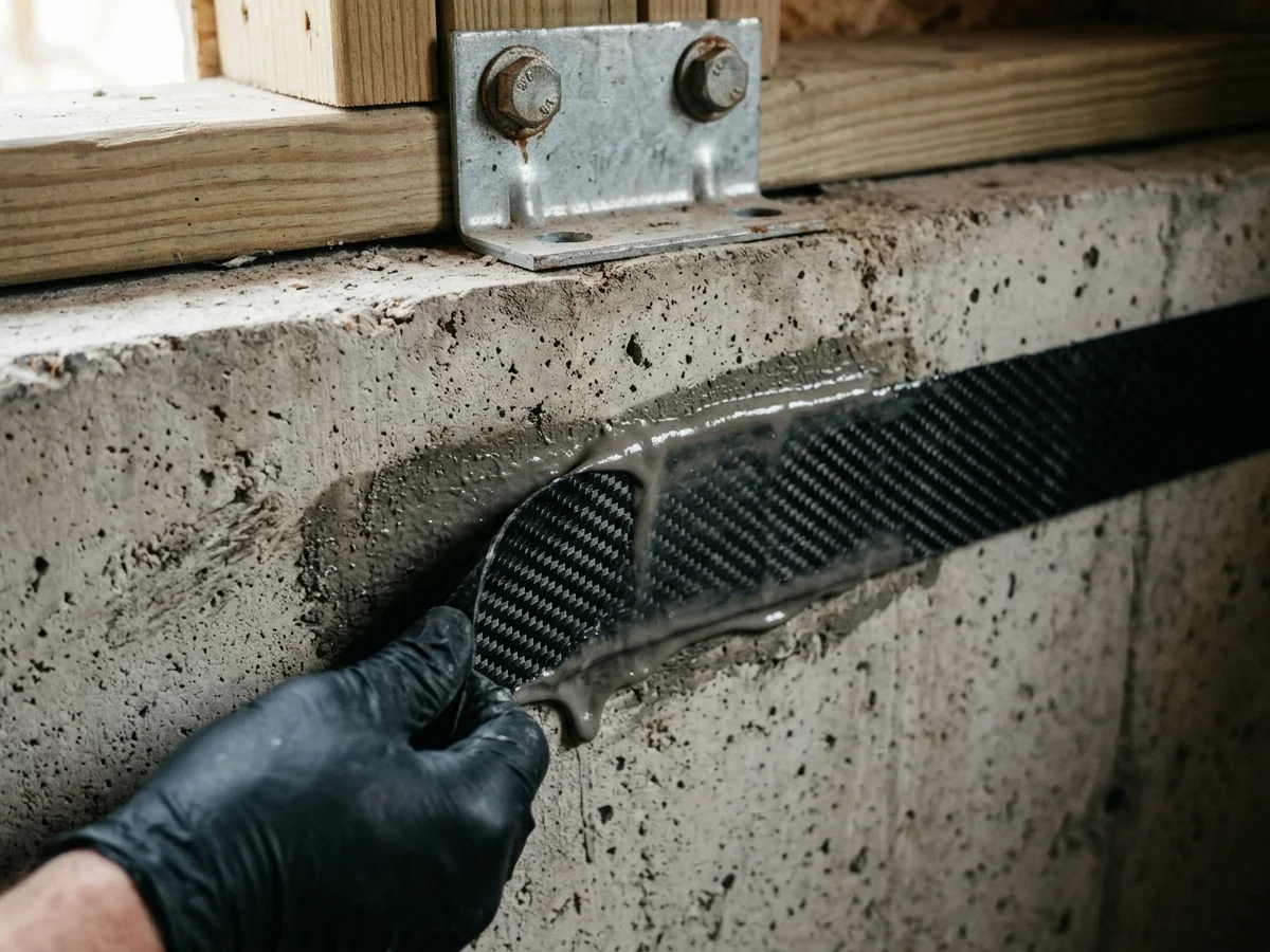 Close-up detail of structural carbon fiber strap saturated with epoxy paste on foundation concrete