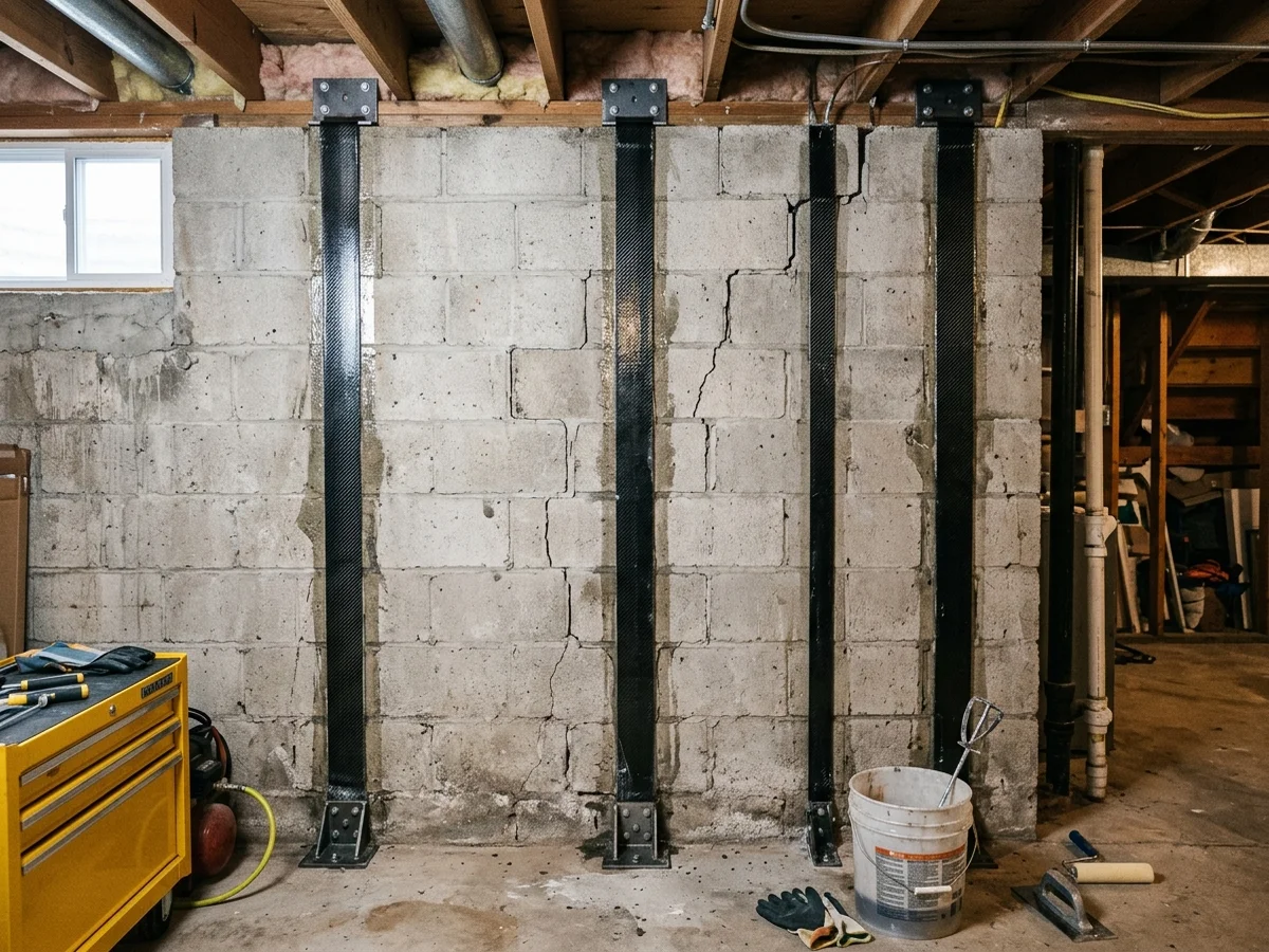 Engineered carbon fiber reinforcement straps installed on a residential basement wall in Middle Tennessee