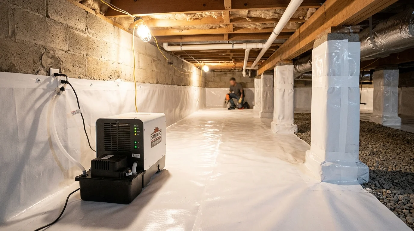 Sealed heavy-duty 20-mil crawl space encapsulation with commercial dehumidifier in a Clarksville home