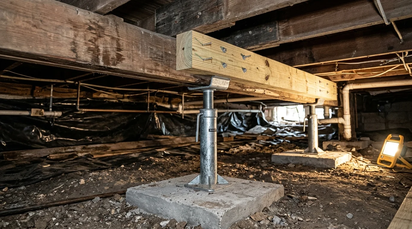 Galvanized adjustable steel support jacks installed on concrete footings leveling a wood carrying beam in a Clarksville crawl space