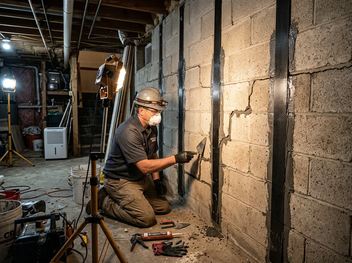 Technician repairing cracked mortar joints and applying carbon-fiber reinforcement straps to a concrete block foundation wall in a residential basement