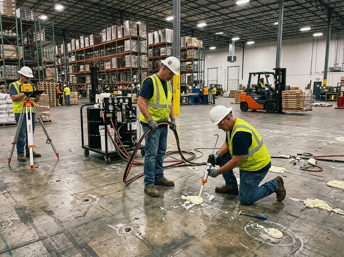 Industrial warehouse floor slab stabilization showing technicians injecting high-density expanding polyurethane foam into concrete floor with laser level surveying in active warehouse