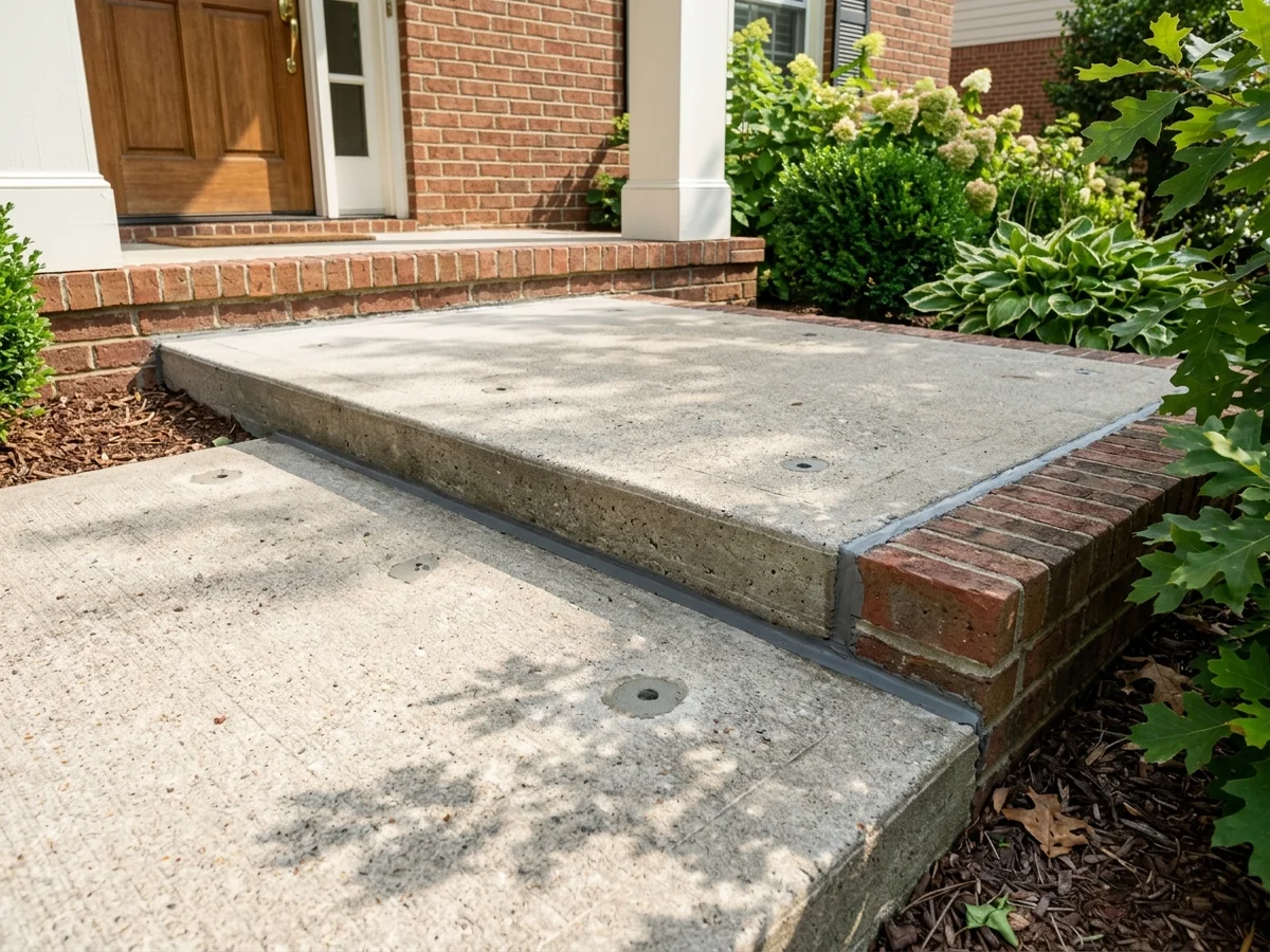 Residential concrete walkway and porch step leveled flush using polyurethane foam lifting, showing sealed expansion joints and eliminated trip hazards