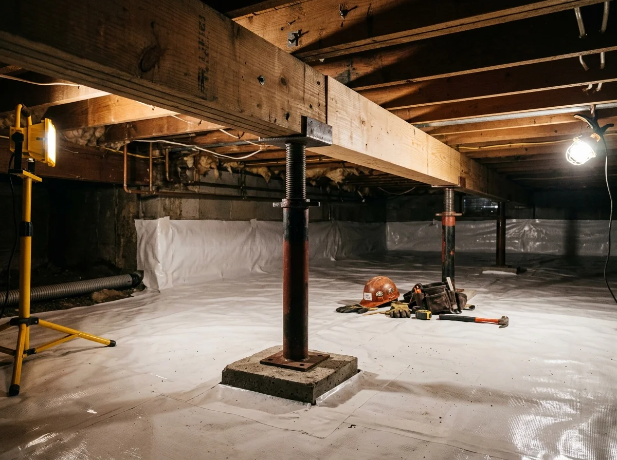 Spotless encapsulated residential crawl space in Middle Tennessee featuring a bright white 20-mil vapor barrier sealed to foundation perimeter walls and clean floor joists