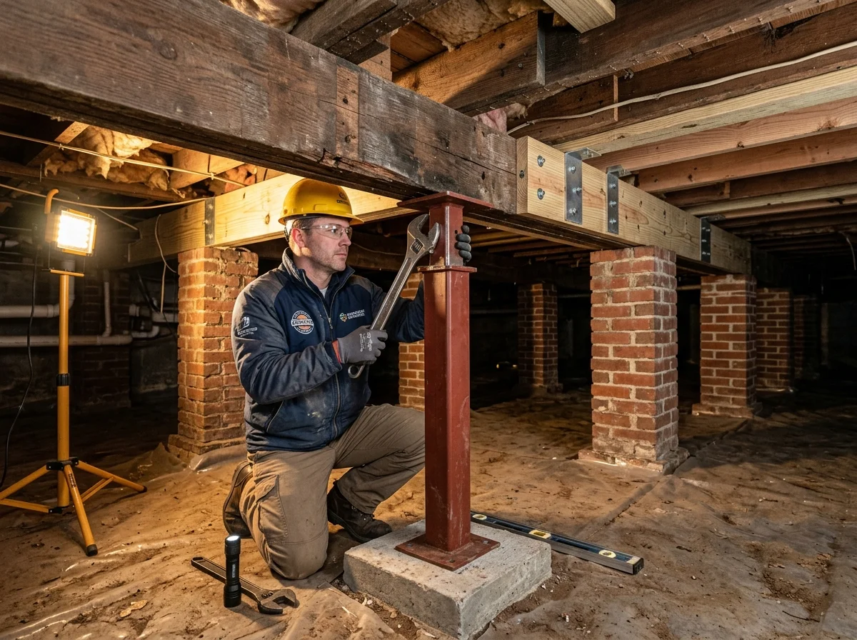 Heavy-duty adjustable steel crawl space support jack installed under carrying girder on a solid concrete footing pad in a Middle Tennessee home