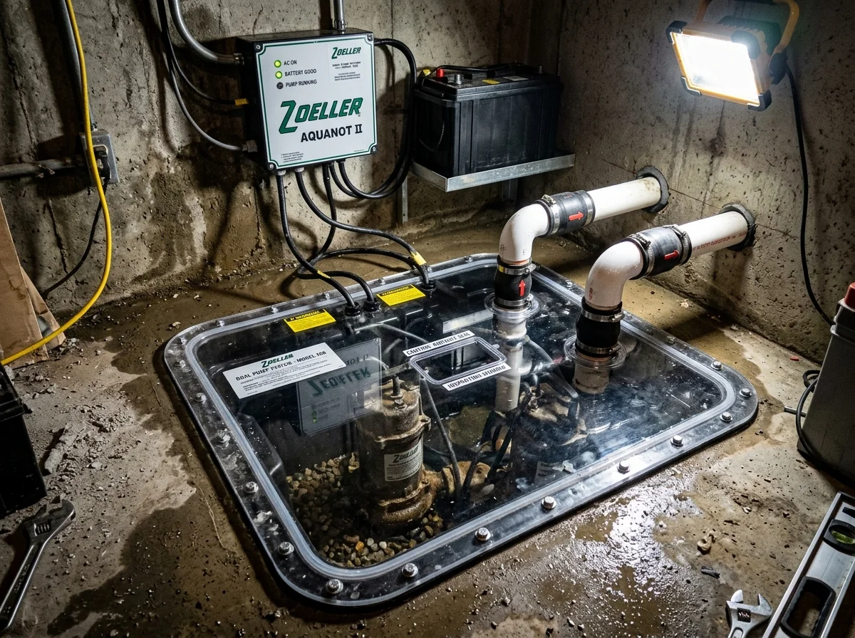 Commercial dual cast-iron sump pump system installed in a residential basement with clear airtight inspection lid, dual discharge lines, and wall-mounted battery backup