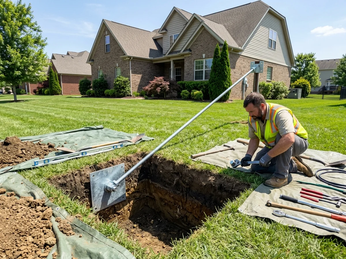 Exterior earth wall anchor installation in a residential yard in Middle Tennessee with turf protection tarps