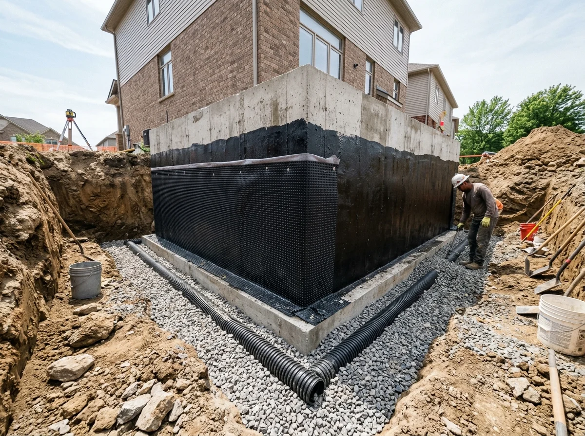 Exterior residential foundation waterproofing showing black elastomeric rubberized asphalt membrane, dimple drainage board, and perforated footer drain pipe