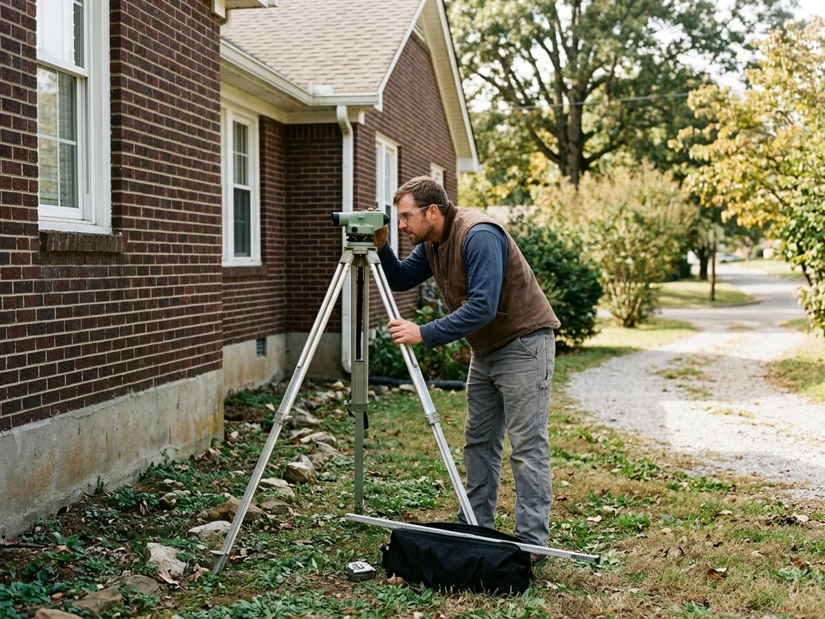 Technician setting up precision digital laser elevation survey equipment inside a residential home to map floor slopes