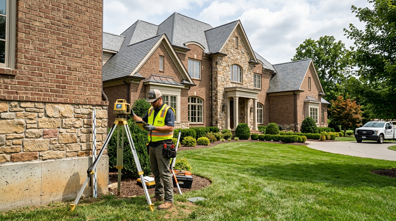 Foundation technician performing a laser elevation survey beside a custom brick and stone estate home in Franklin, Williamson County, Tennessee