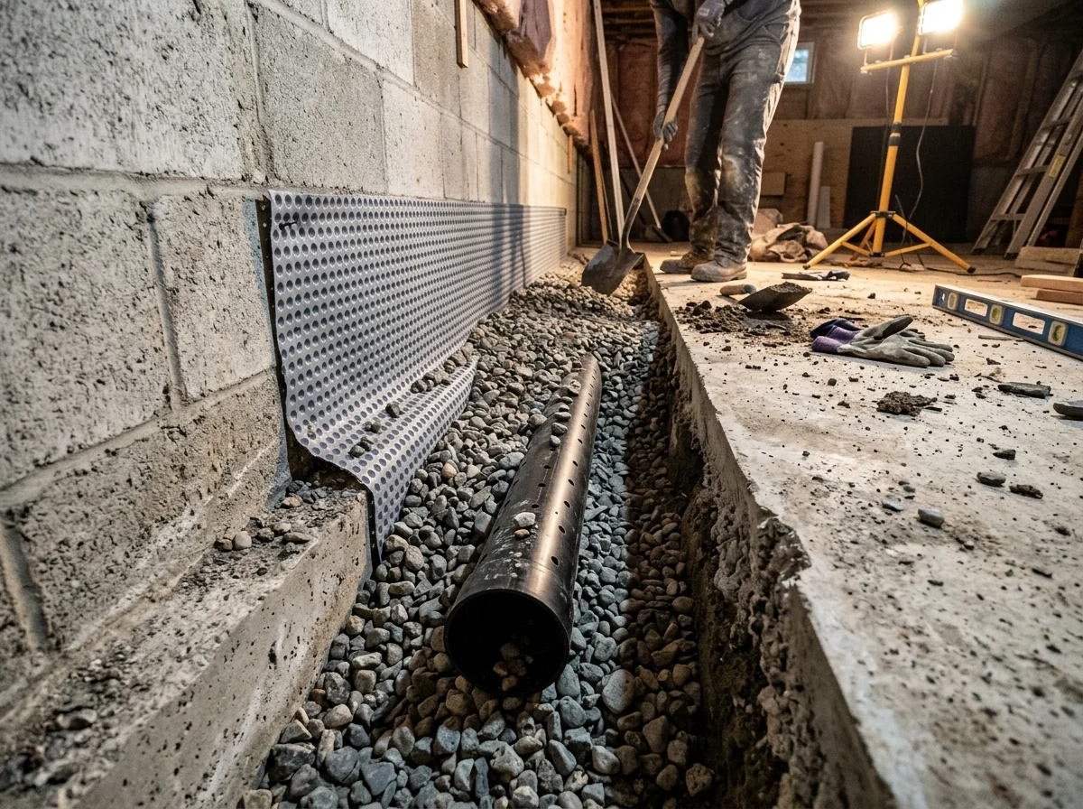 Close-up of interior basement French drain trench showing rigid perforated drainage pipe embedded in clean washed aggregate with wall dimple board