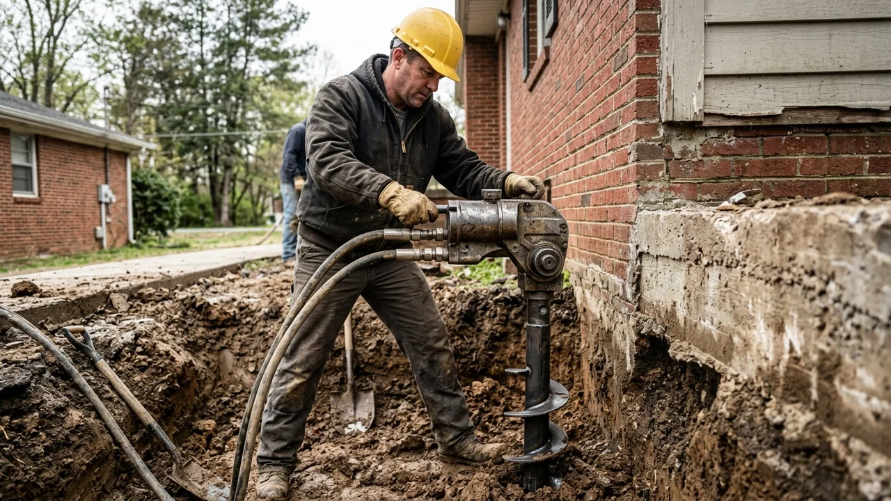 Technician operating hydraulic drive head screwing a steel helical pier into a foundation trench in Middle Tennessee