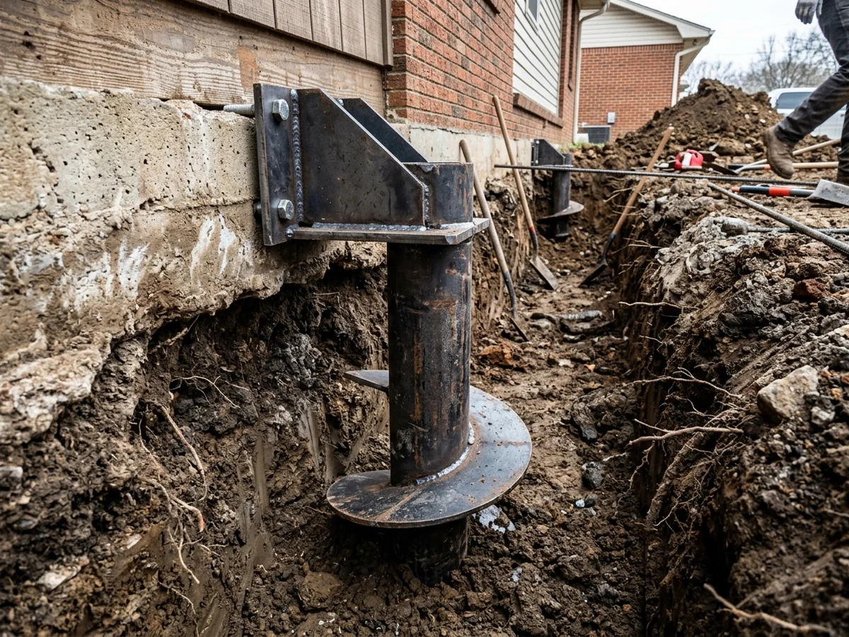 Round steel helical pier shaft with welded circular spiral bearing blades beside a residential foundation footing in Middle Tennessee