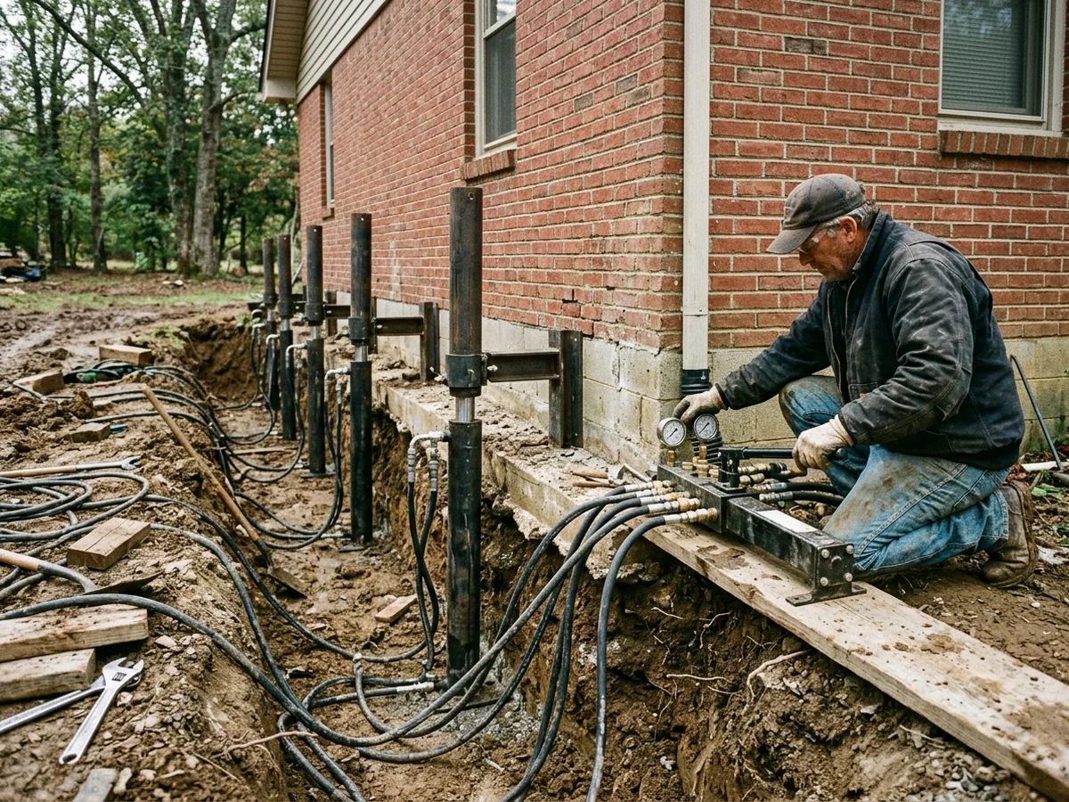 Technician managing hydraulic manifold lifting system with pressure gauges on a Middle Tennessee home foundation