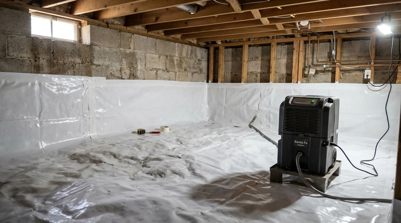 Sealed heavy-duty 20-mil vapor barrier encapsulation over shallow limestone rocky ground in a Lebanon home