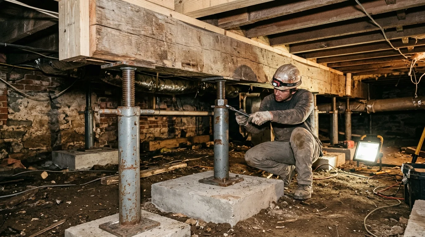 Technician adjusting heavy-duty steel support jacks on concrete footings leveling a wood main beam in a Lebanon crawl space