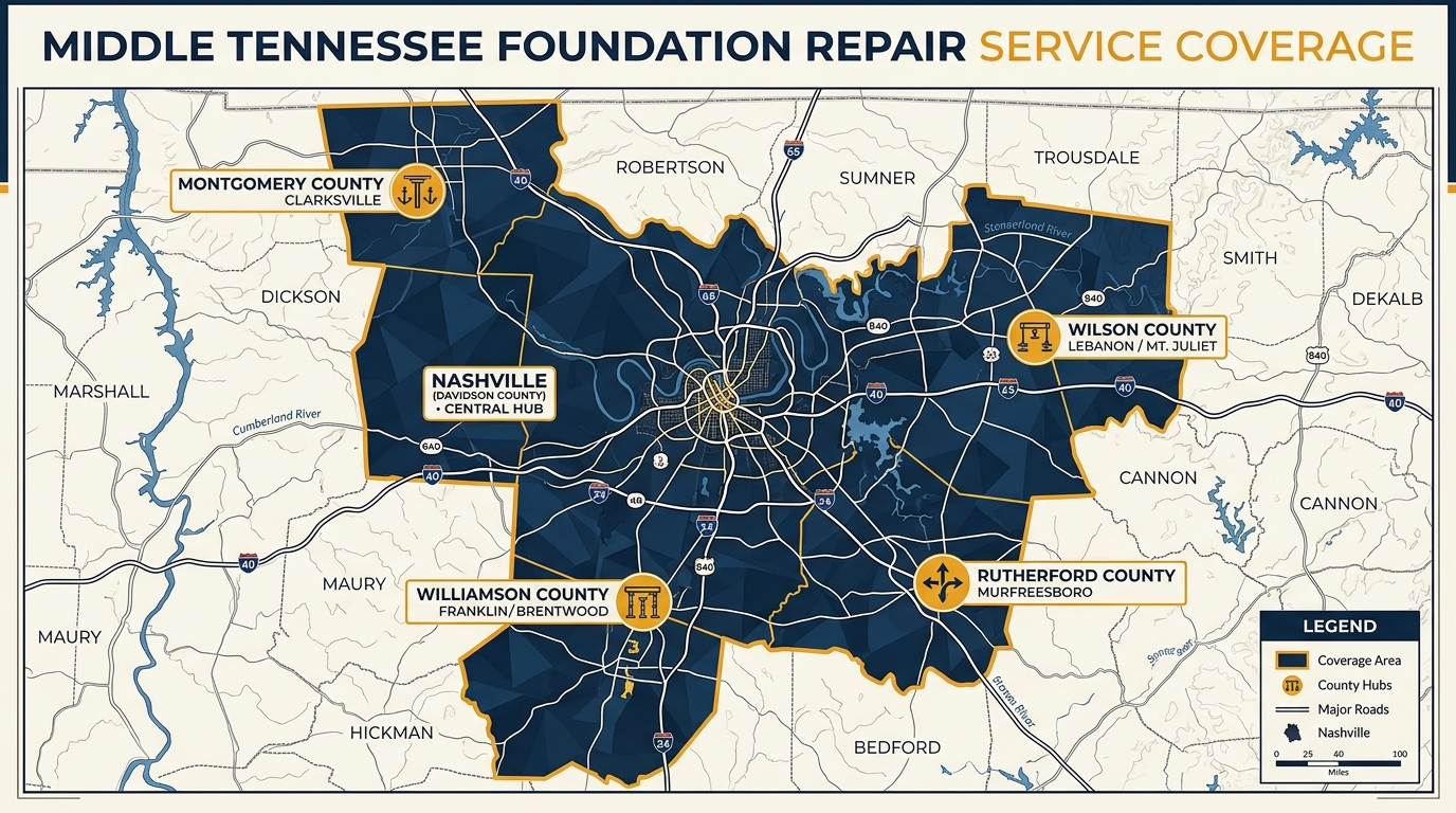 Cartographic map illustration showing Middle Tennessee foundation repair coverage across Davidson, Williamson, Rutherford, Montgomery, and Wilson counties