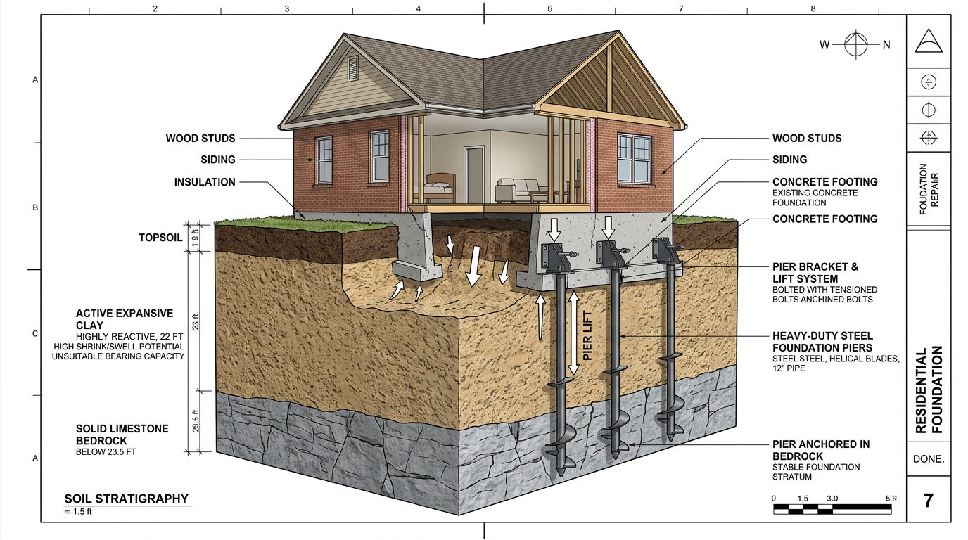Architectural cutaway diagram illustrating Middle Tennessee foundation footing, expansive clay soil strata, and steel push piers anchored in limestone bedrock