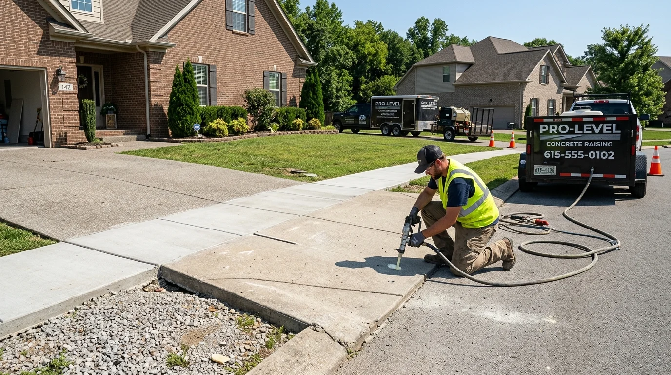 Polyurethane foam concrete leveling restoring a sunken residential driveway and sidewalk in a Murfreesboro, Tennessee subdivision