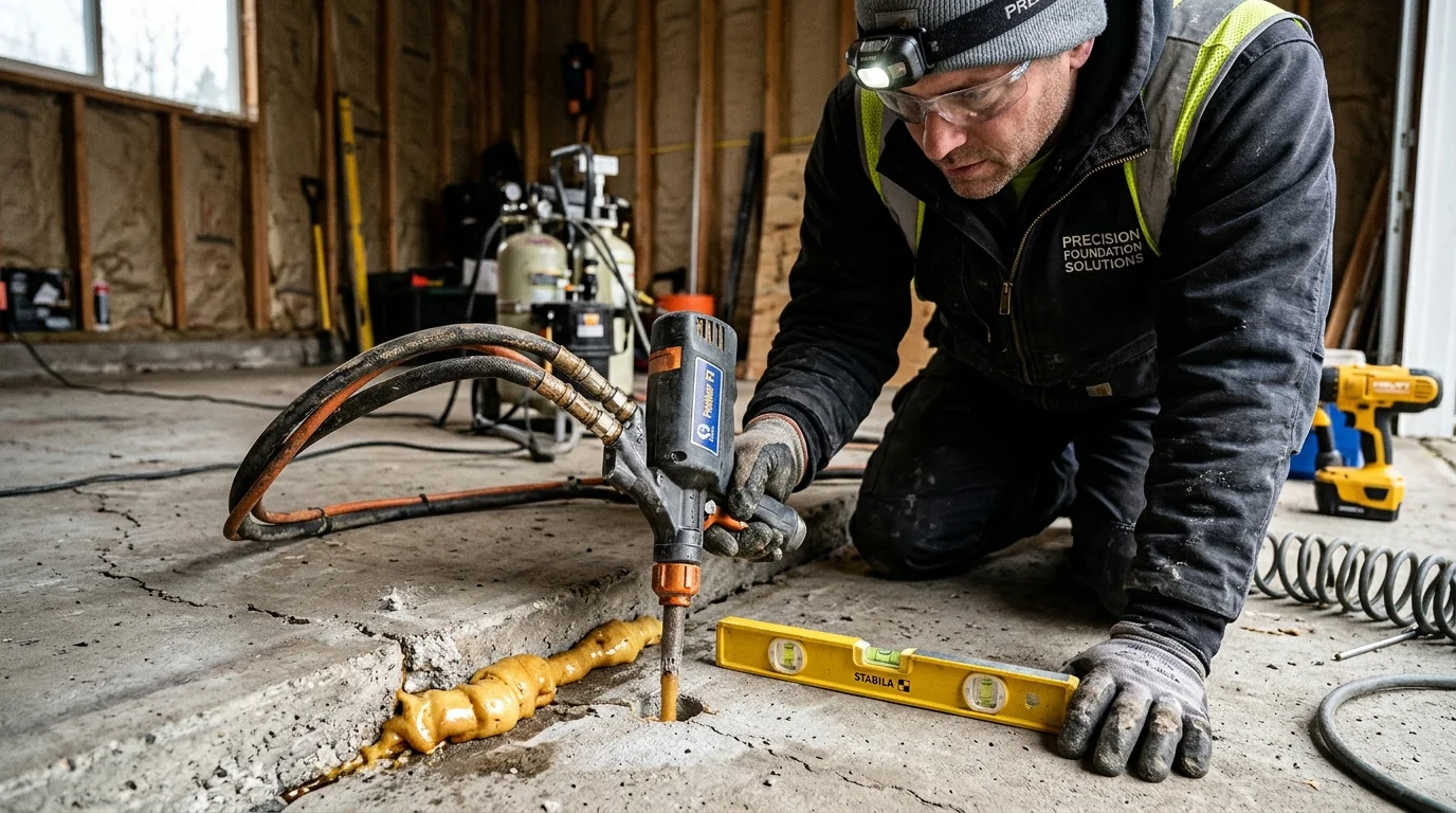 High-density expanding polyurethane foam injection process lifting a settled residential concrete slab in Murfreesboro, Tennessee