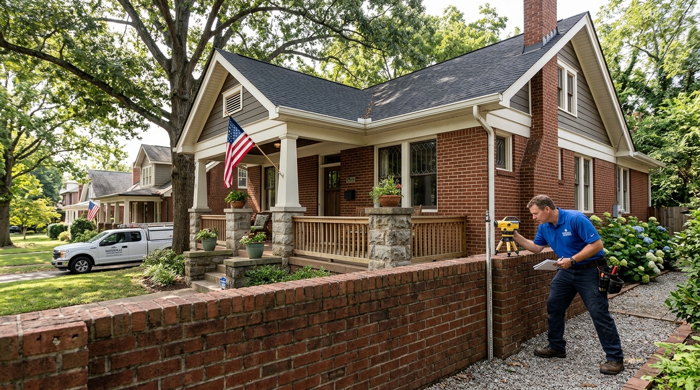 Foundation technician performing an on-site structural elevation assessment beside a historic brick Craftsman home in Nashville, Tennessee
