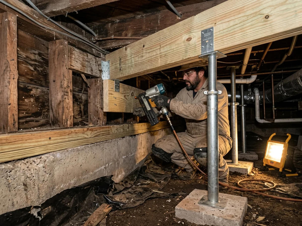 Technician sistering treated structural lumber to a rotted crawl space joist in a Middle Tennessee home
