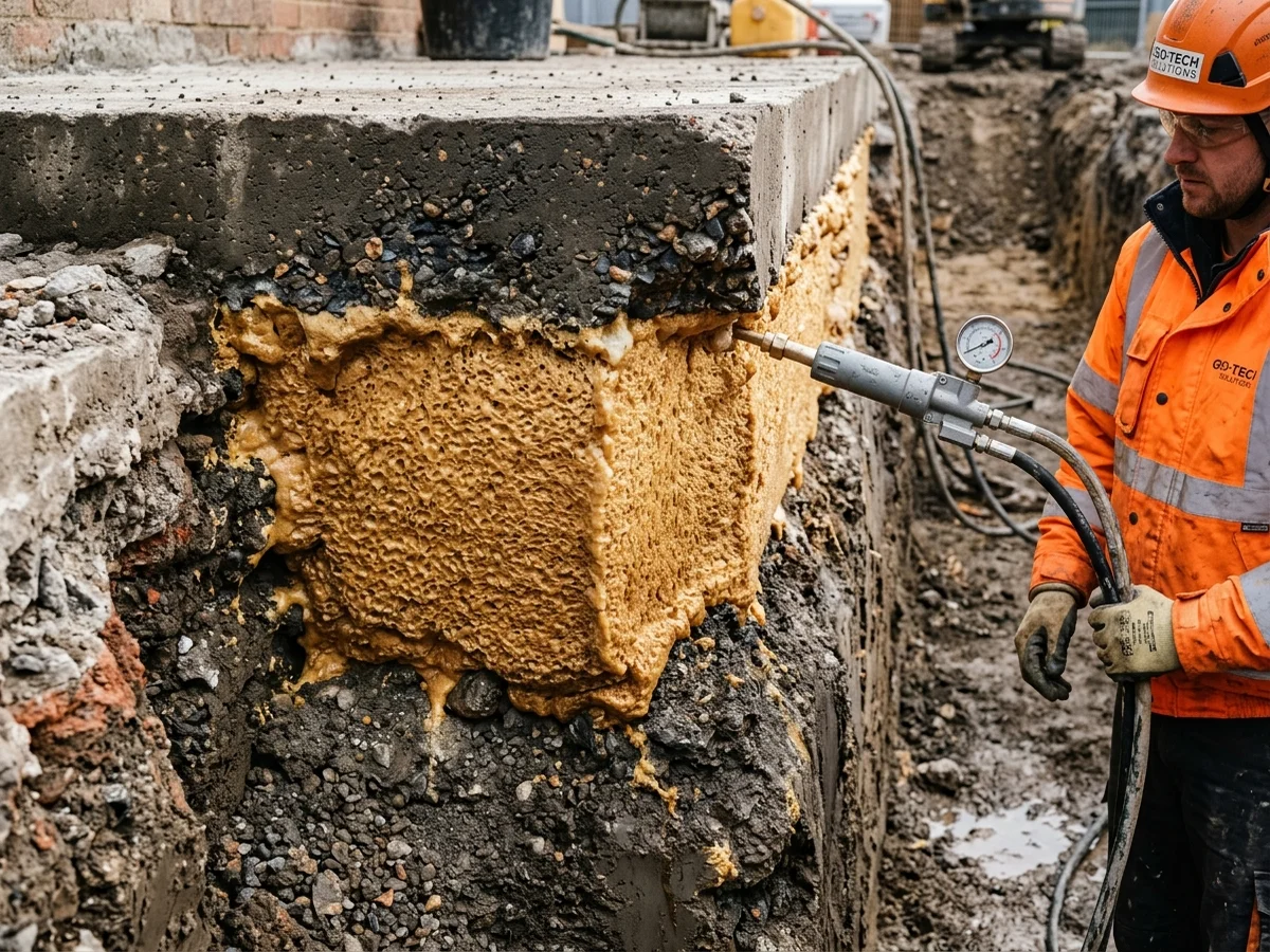 High-density expanding structural polyurethane foam filling a subterranean void space beneath a concrete foundation slab
