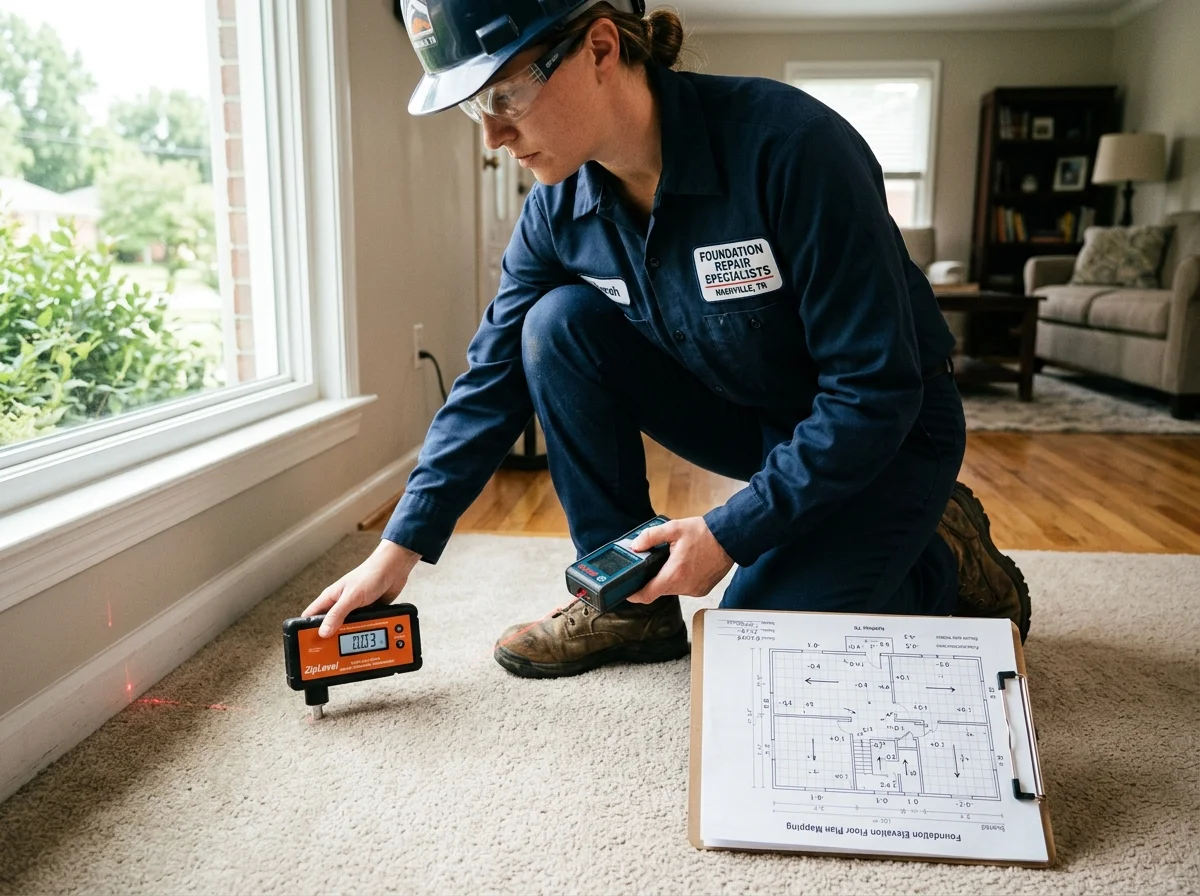 Certified foundation repair specialist using high-precision digital elevation altimeter and laser meter to map floor settlement contours inside a home