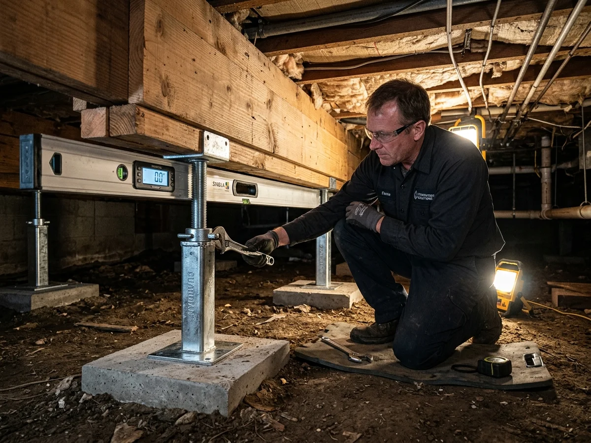 Technician leveling a crawl space center carrying girder using heavy-duty steel support posts on concrete footings