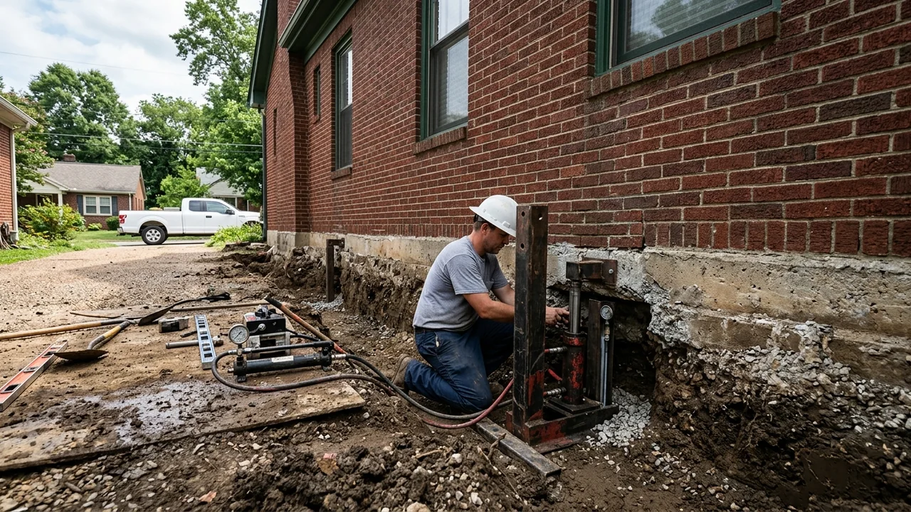 Foundation repair technician operating stabilization equipment beside a Middle Tennessee home