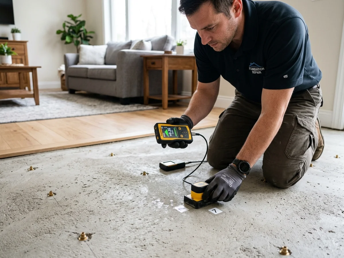Technician measuring slab floor elevation recovery with digital sensors in a residential living room in Middle Tennessee