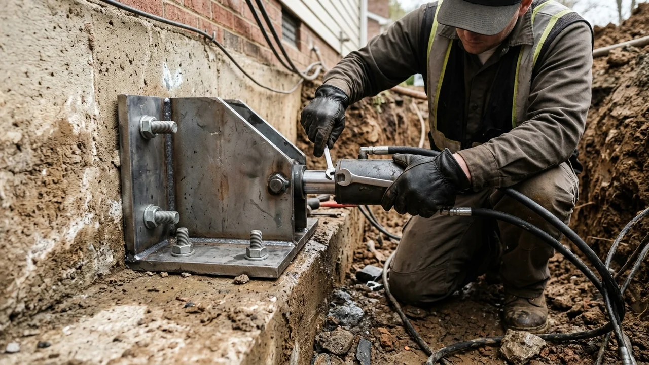 Technician bolting a heavy-duty steel push pier bracket beneath a concrete footing in Middle Tennessee